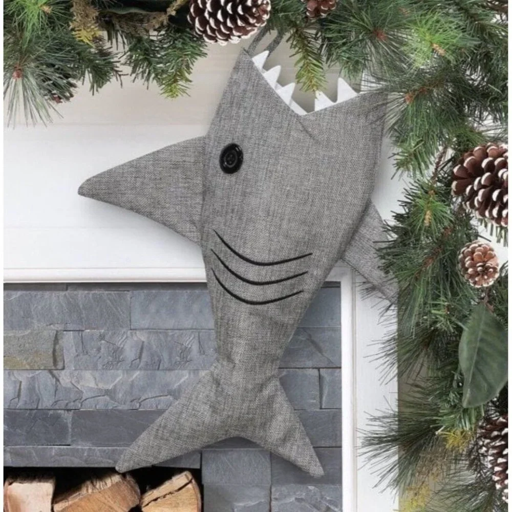 Holiday Time Gray Shark Christmas Stocking 20” Button Eye White‎ Teeth